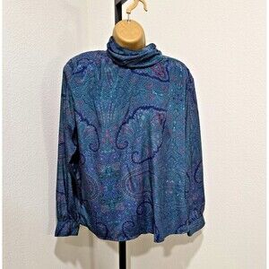 Vtg Modest Satin Dark Paisley Blouse Womens 8 Blue Green High Rolled Neck Career